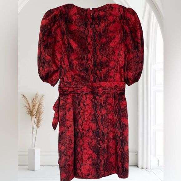 RONNY KOBO Dress Torrey Mini V neck Puffed Sleeve Snakeskin Print Red Size XS - Picture 6 of 14